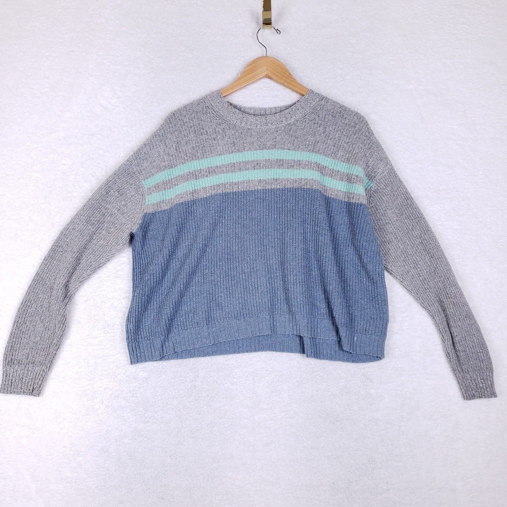 American Eagle Colorblock Stripe Knit‎ Sweater Womens Medium Gray Blue Cozy Core